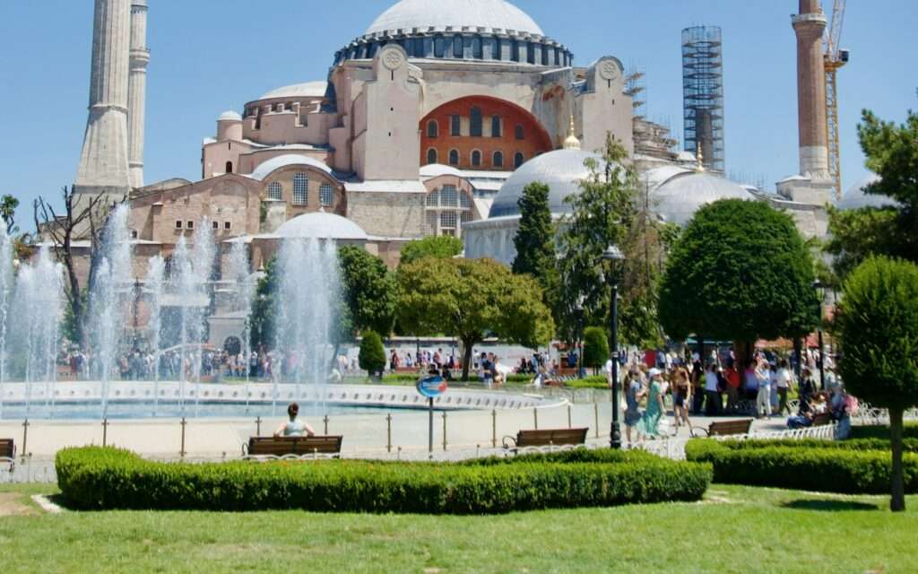 Hagia Sophia seen across the fountain in Sultanahmet Square